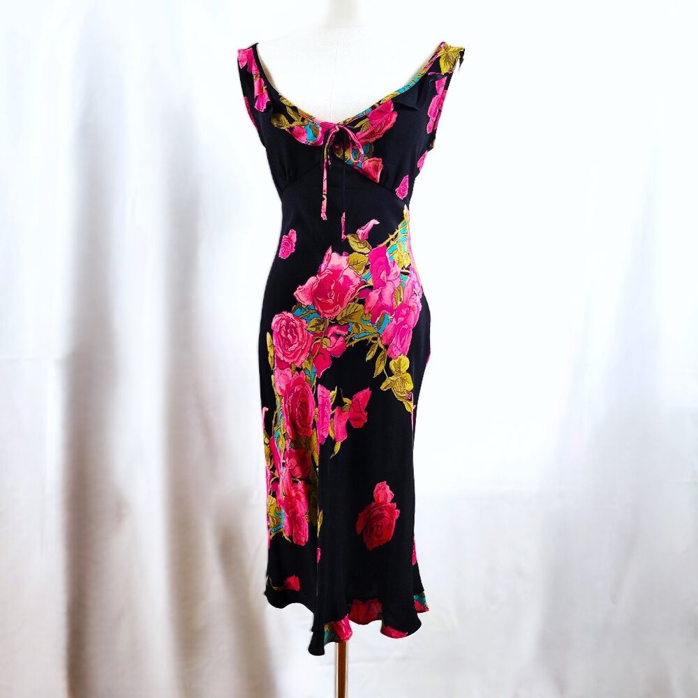 Vintage 1990's Betsey Johnson Black and Pink Floral Dress - Size M